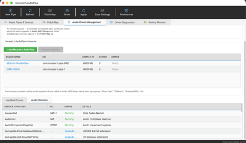 Audio Services tab